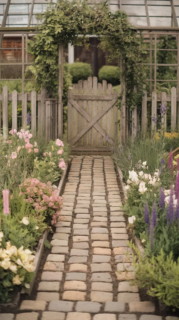 A charming cottage garden, bursting with colorful flowers and a winding cobblestone path, evokes a peaceful Tasha Tudor aesthetic
