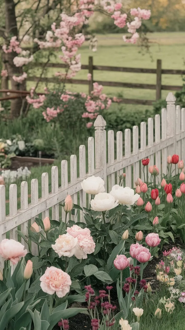 A dreamy spring cottage garden bursts with pink and white blooms, framed by a white picket fence and verdant fields