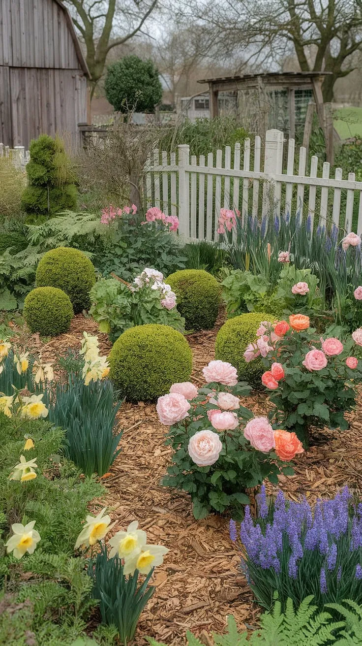 A vibrant spring cottage garden bursts with roses, peonies, and lavender, framed by a white picket fence and a charming wooden barn backdrop