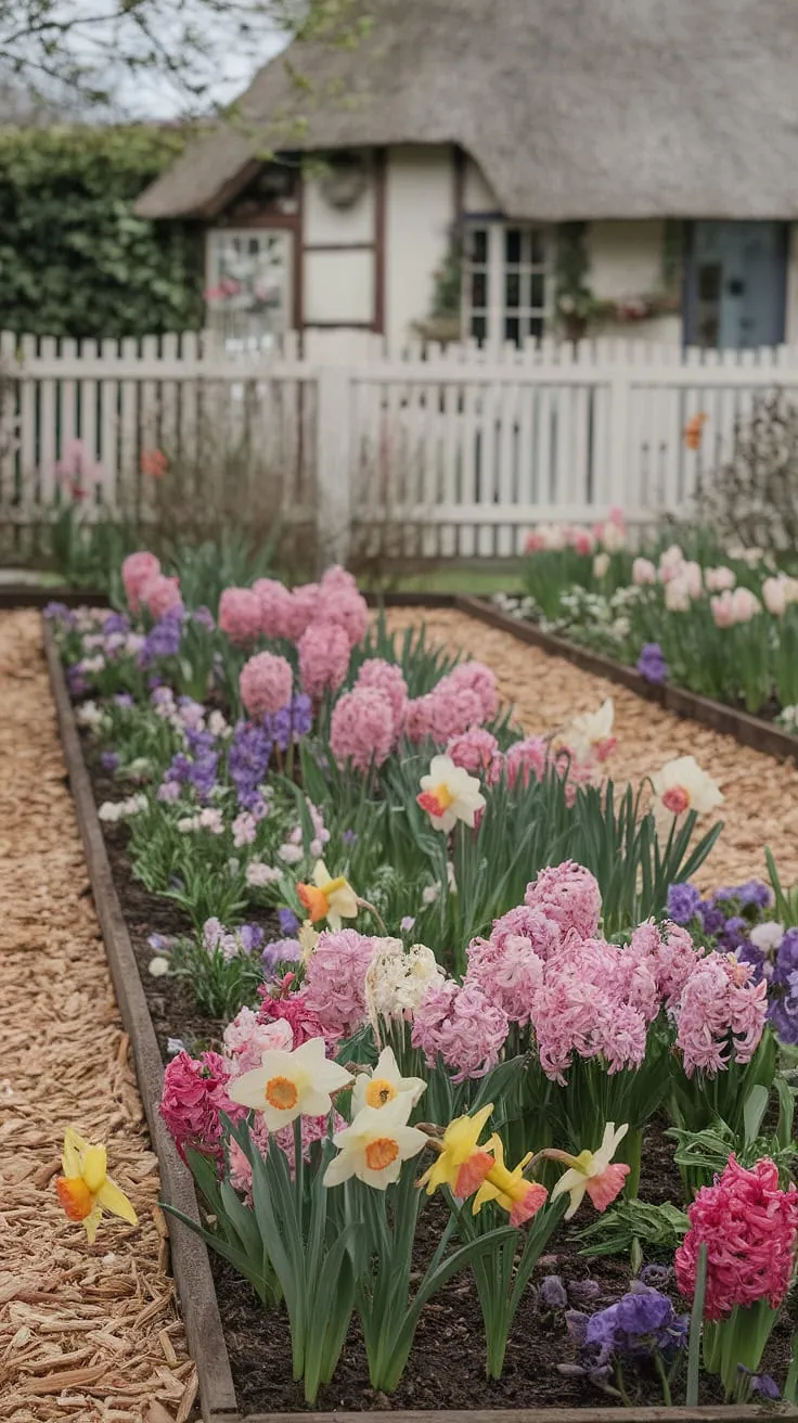 Enchanting spring blooms paint a picturesque cottage garden scene.