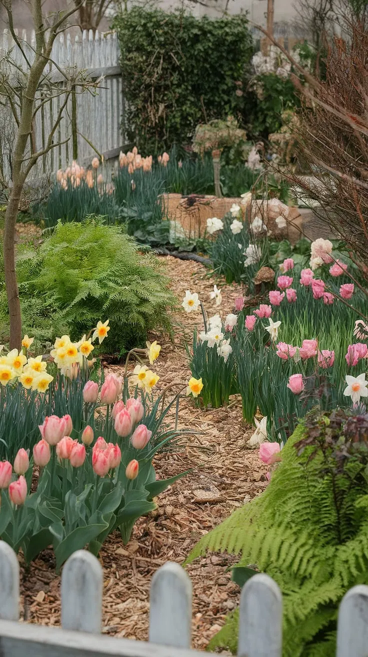 Vibrant spring blooms and lush greenery create a picturesque cottage garden scene