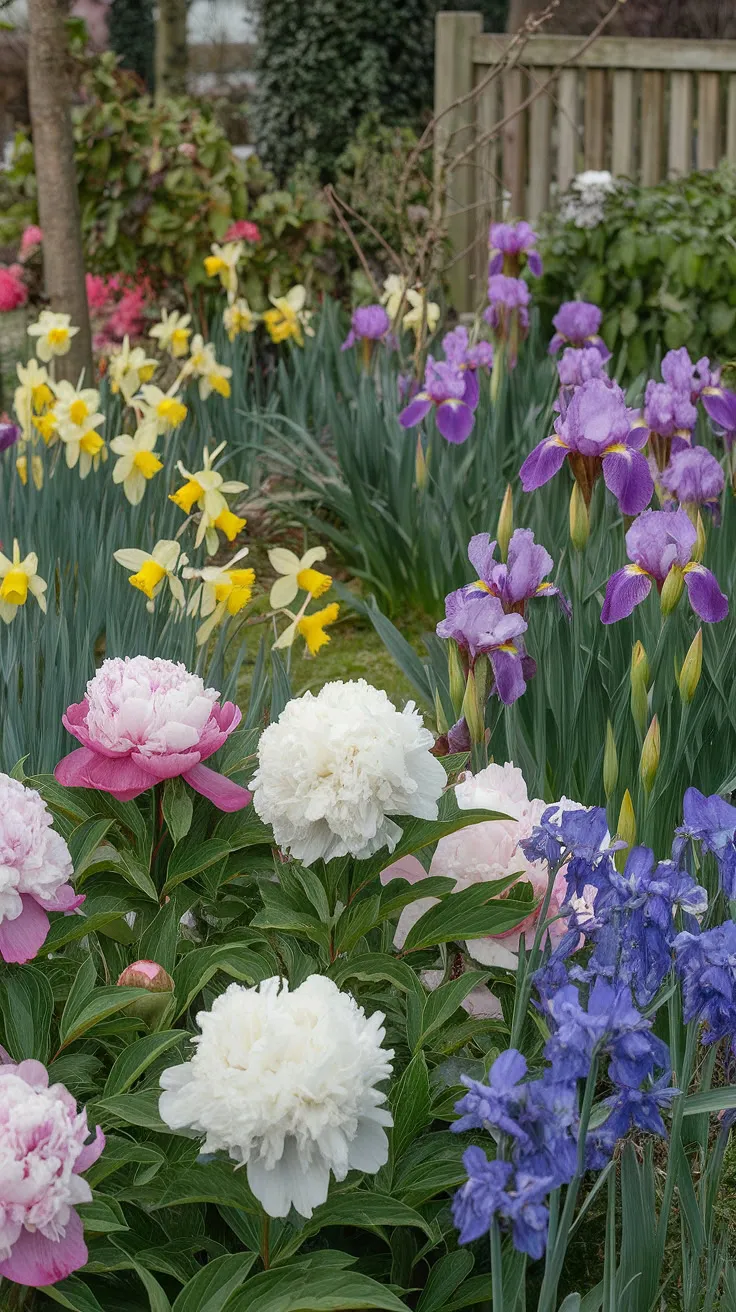 A riot of pink peonies, purple irises, and other blooms bursts forth in a charming cottage garden.