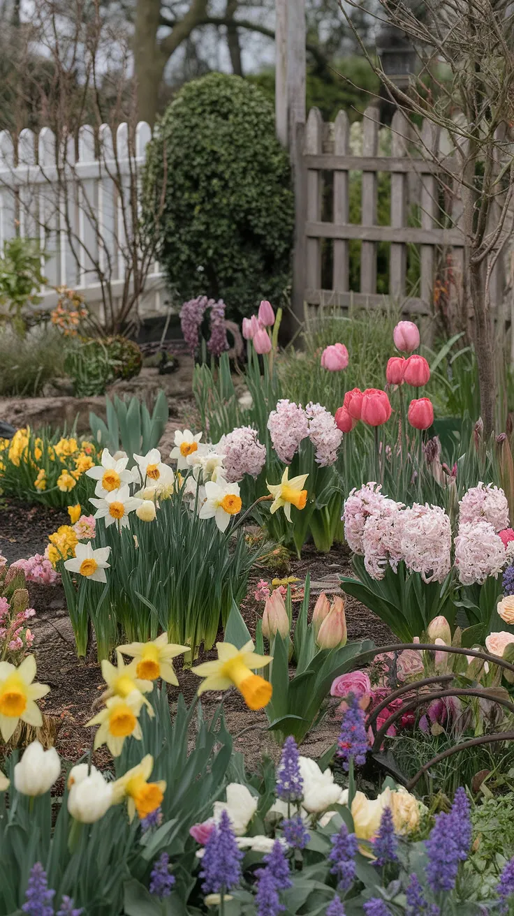 Spring flowers in a charming cottage garden create a picturesque Tasha Tudor-inspired scene.
