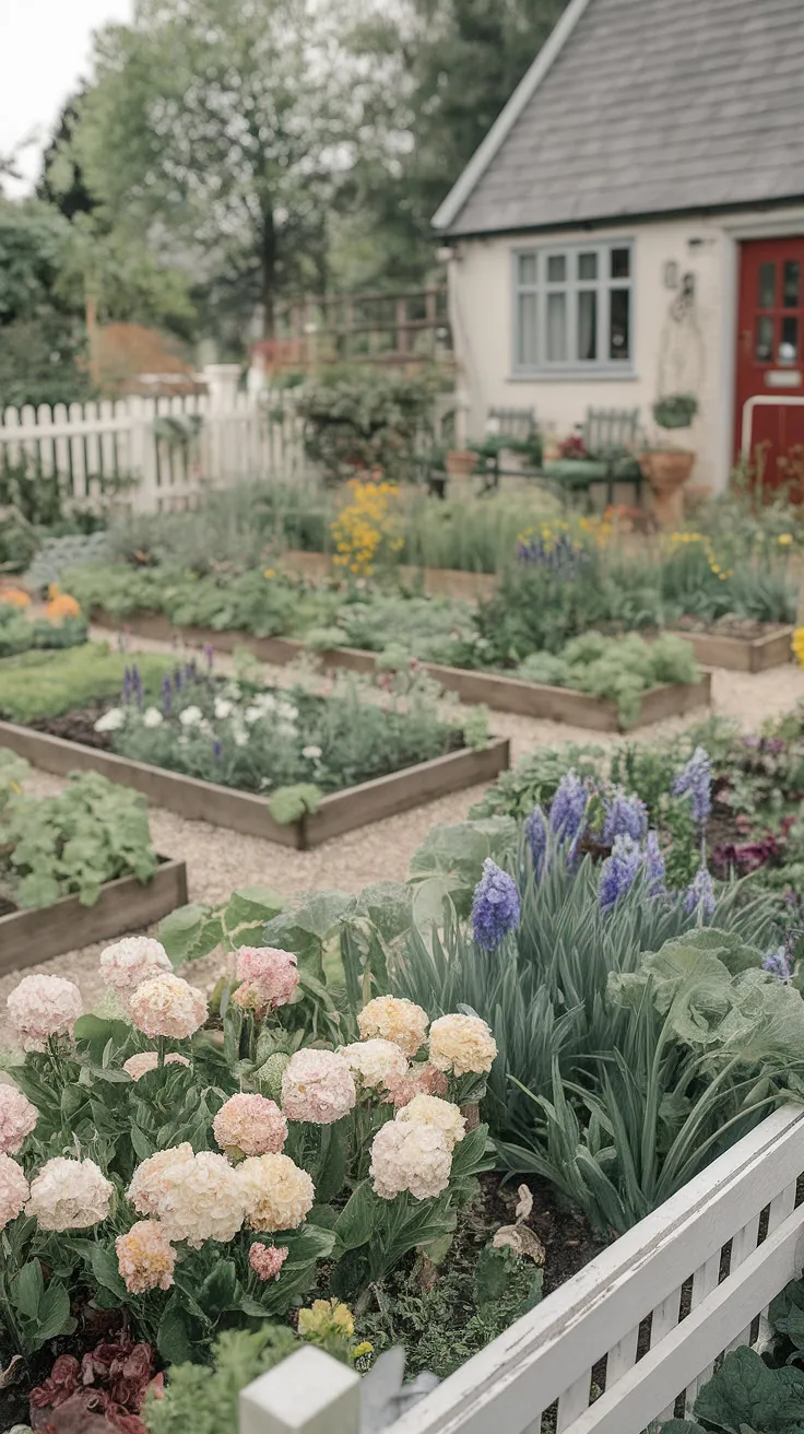 Pastel blooms and a charming cottage create a peaceful springtime scene in a Tasha Tudor-inspired garden.