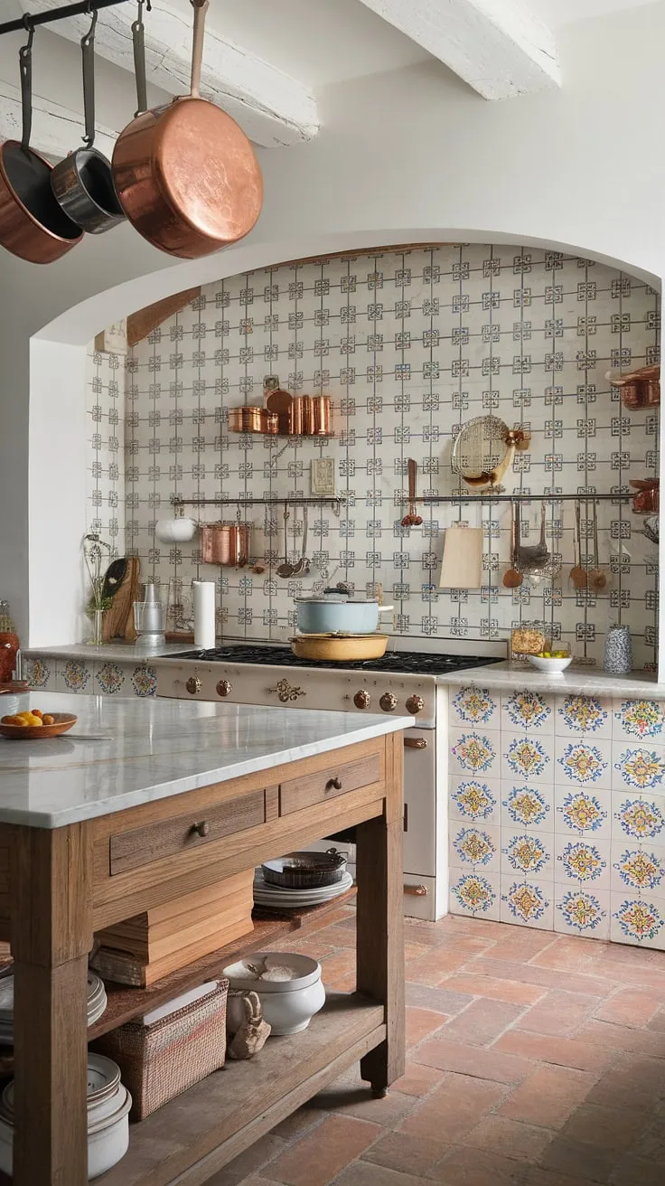 A dream realized: this French country kitchen boasts a captivating modern French country backsplash. The French provincial backsplash's vibrant blue and yellow pattern adds a touch of whimsy to the otherwise classic French country aesthetic.  This design offers endless French country kitchen ideas, proving that a French country tile kitchen can be both timeless and trendsetting.