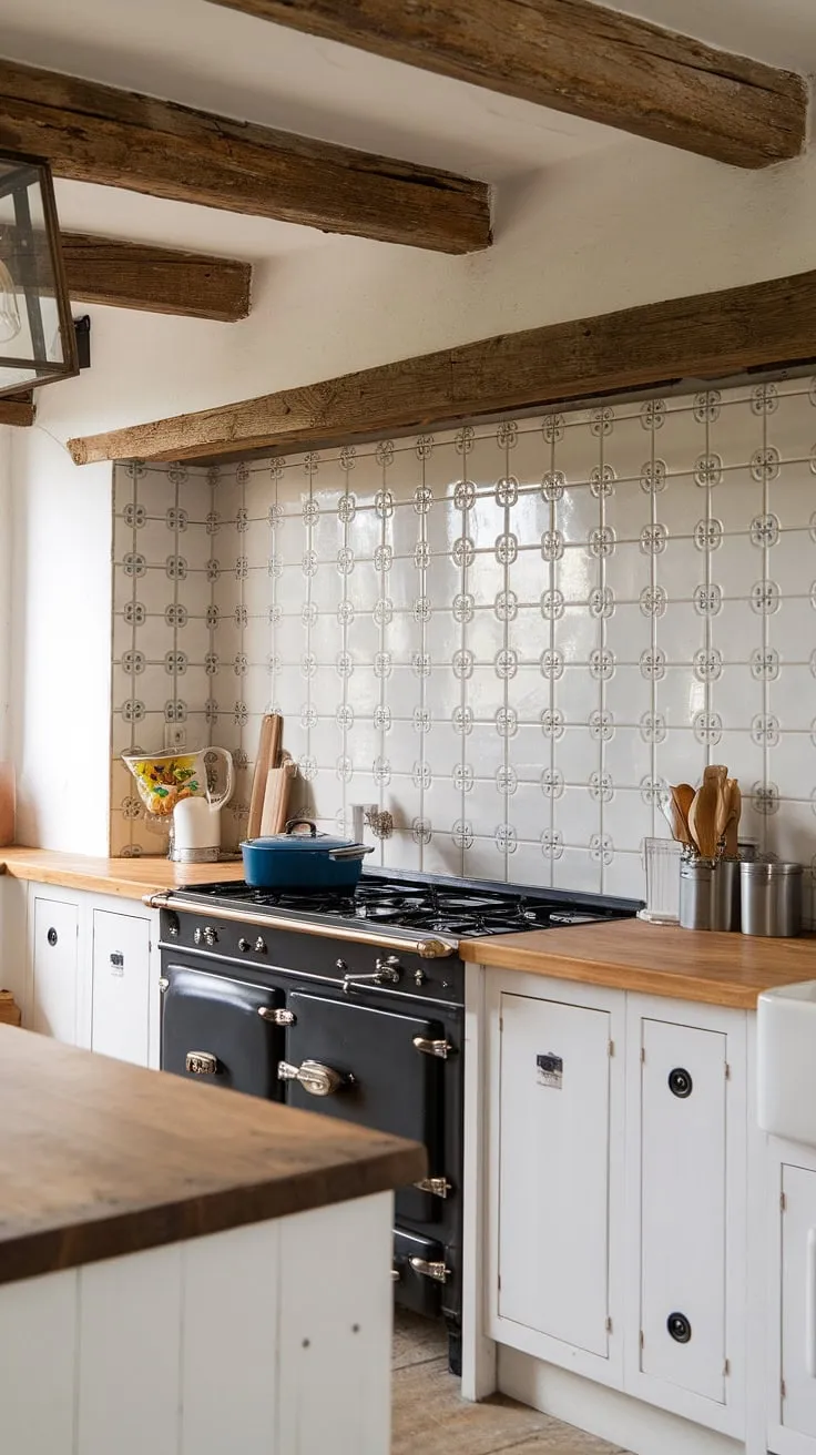 The French country tile kitchen shines with this stunning backsplash.  A blend of modern and traditional, this French inspired backsplash and its French provincial backsplash design offers a touch of elegance to the cottage kitchen, making it the perfect example of French country kitchen ideas.