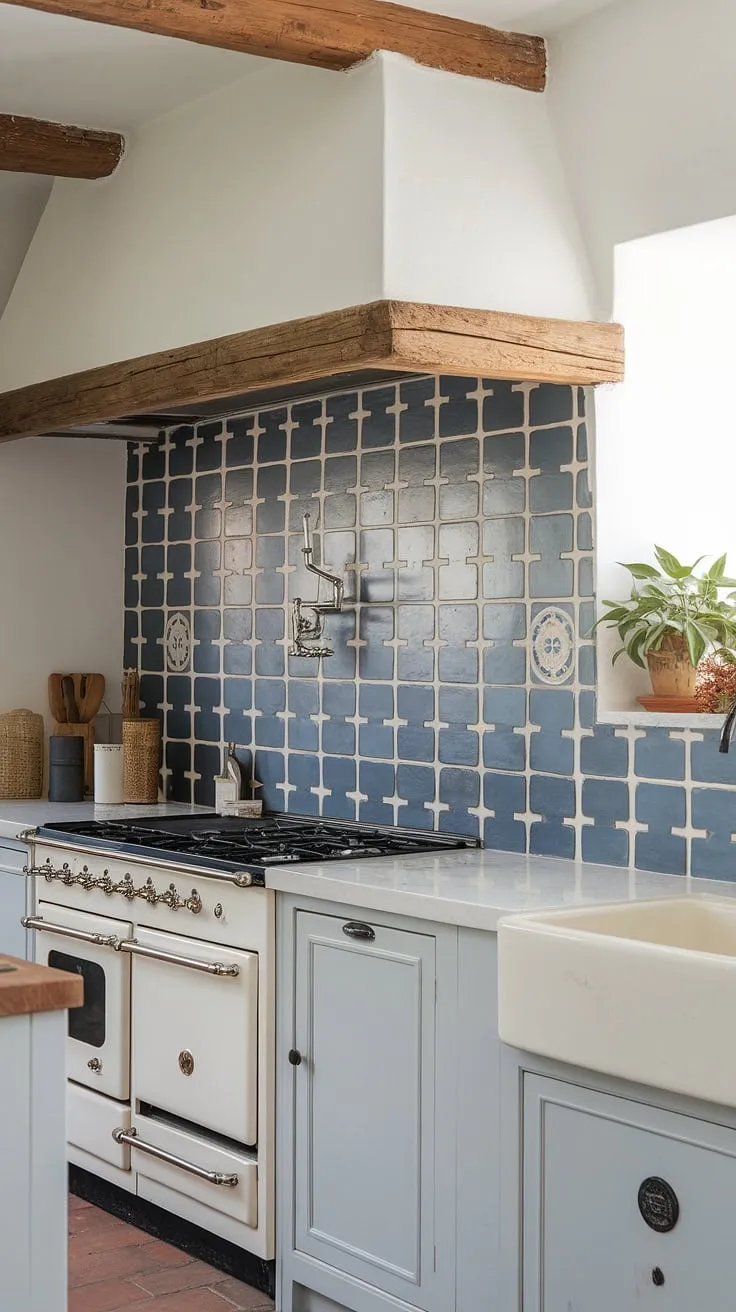 The French inspired backsplash is the star of this charming kitchen.  This French country kitchen boasts a unique blend of old-world appeal and modern sophistication, thanks to the striking cottage kitchen backsplash. The modern French country backsplash, with its captivating blue and white tile pattern, perfectly complements the white cabinetry and wooden beams, creating a truly delightful French country aesthetic.  Find inspiration for your own French country kitchen ideas in this stunning French country tile kitchen.