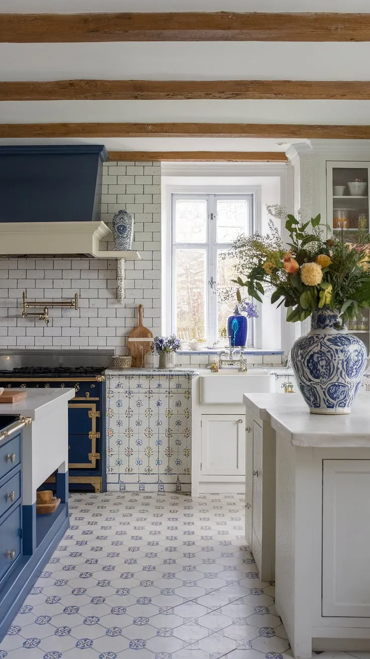 French country tile kitchen dreams are made of this!  The stunning French country backsplash and its modern French country backsplash design bring a touch of Parisian charm to this cozy cottage kitchen.  Explore the beauty of French country kitchen ideas with this inspiring space.