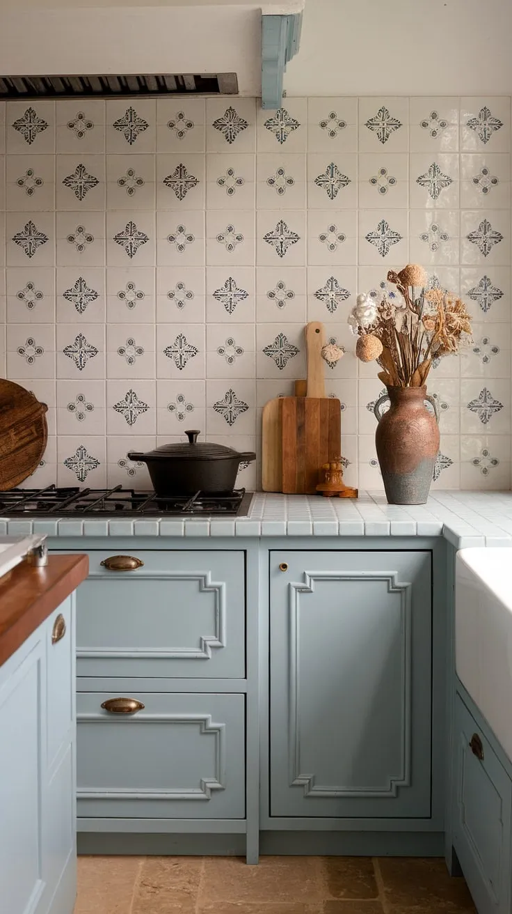This cottage kitchen's backsplash is the epitome of modern French country, blending the charm of a French provincial aesthetic with sleek, contemporary lines.  The French inspired backsplash, a stunning example of French country kitchen ideas, elevates the space with its exquisite French country tile kitchen design.