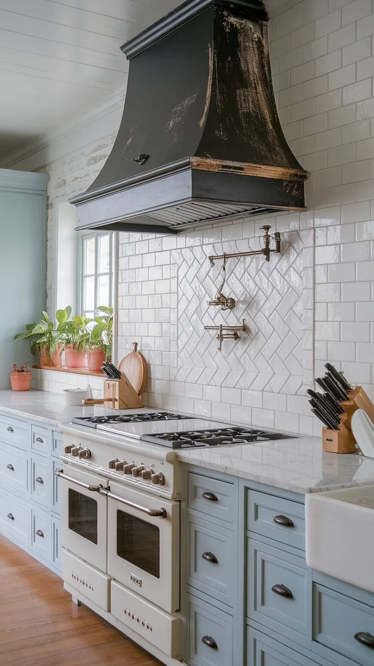 The french country aesthetic shines in this kitchen, thanks to a captivating modern french country backsplash.  The white cottage kitchen backsplash, arranged in a chic herringbone pattern, adds texture and visual interest.  This french inspired backsplash, paired with the distressed black range hood and light blue cabinets, offers a fresh take on french country kitchen ideas.  The result is a dreamy french country tile kitchen that effortlessly blends rustic charm with contemporary style.