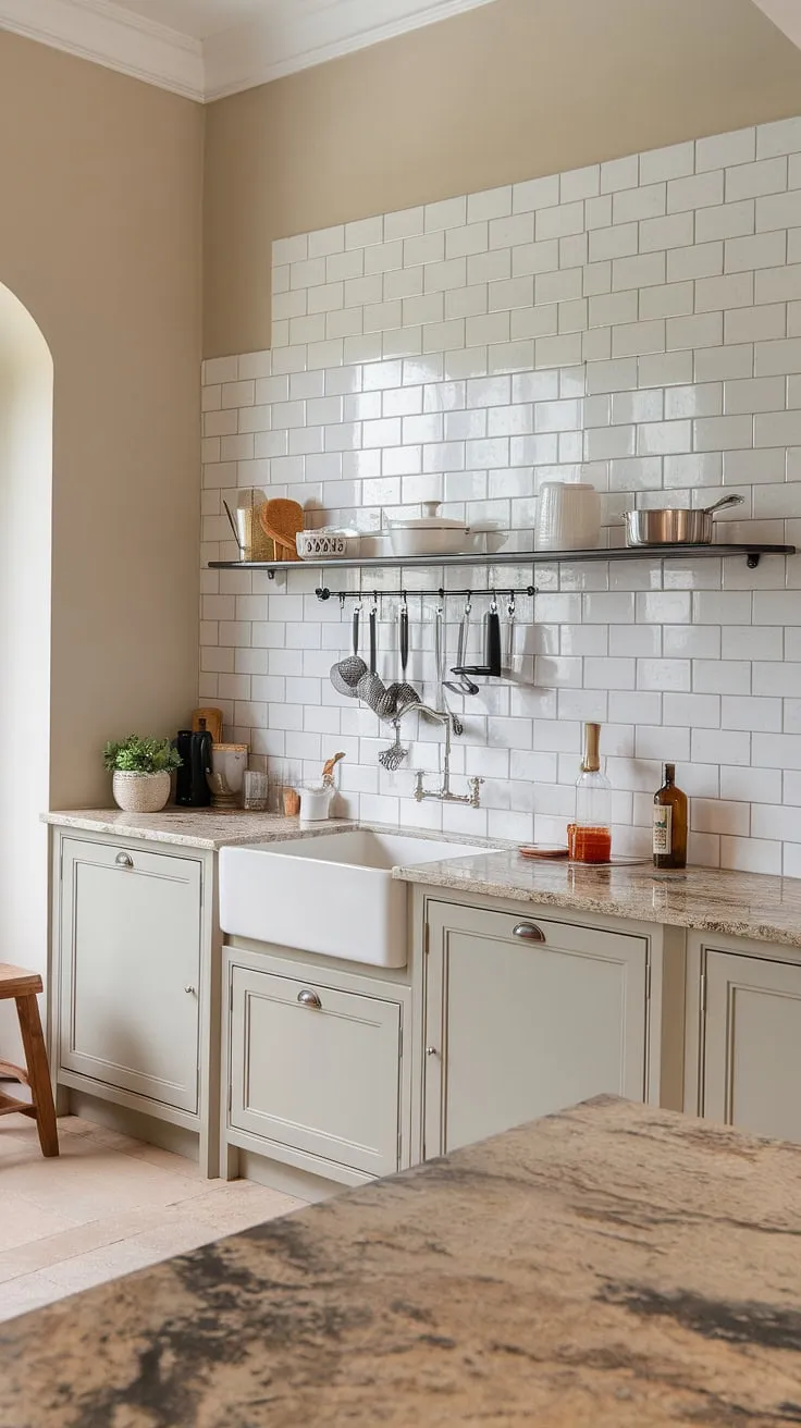 The timeless elegance of a french country tile kitchen is perfectly captured here.  A modern french country backsplash of white subway tiles and gray grout adds a touch of cottage charm, while the beige granite countertops and soft beige walls maintain a sophisticated french country aesthetic.  This kitchen is brimming with french country kitchen ideas, showcasing the beauty of a french inspired backsplash.