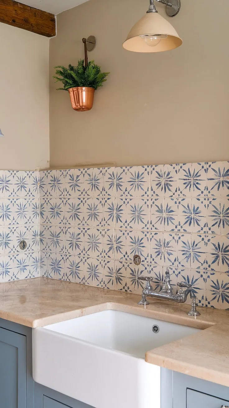 This cottage kitchen's modern French country backsplash is the perfect blend of rustic charm and sophisticated style.  The French provincial backsplash, with its delicate blue and white floral pattern, elevates the space, offering a touch of French inspired backsplash elegance.  It's the epitome of French country kitchen ideas, showcasing a beautiful French country aesthetic and a stunning French country tile kitchen design.