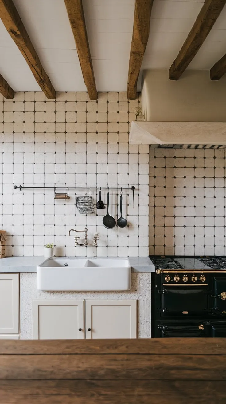 The heart of this home: a cottage kitchen boasting a modern French country backsplash.  The French provincial backsplash, with its subtle elegance, perfectly captures the French inspired backsplash aesthetic. This is French country kitchen ideas done right, showcasing the timeless charm of French country tile kitchen design.