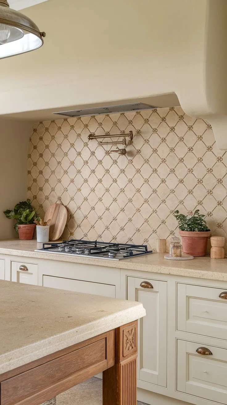 The heart of this home: a cottage kitchen boasting a modern French country backsplash.  The French provincial backsplash, with its subtle elegance, perfectly embodies the French inspired backsplash design and elevates the overall French country aesthetic.  This is French country kitchen ideas done right, showcasing beautiful French country tile kitchen details.