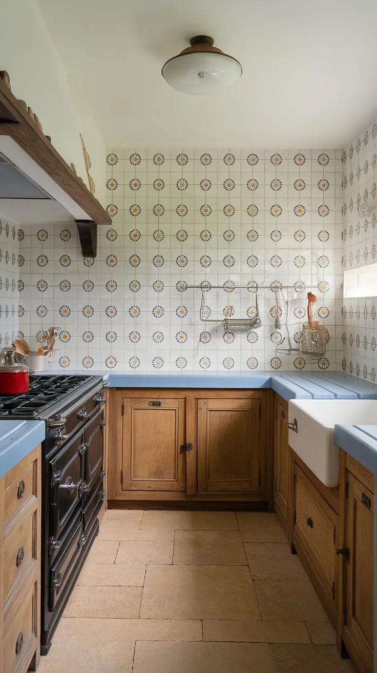 This cottage kitchen's backsplash perfectly embodies a modern French country aesthetic.  The French provincial backsplash tile creates a charming, yet sophisticated feel, offering a fresh take on French country kitchen ideas.