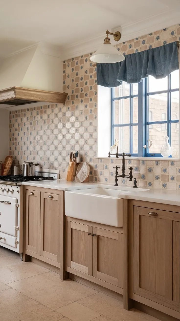 A dreamy French country aesthetic fills this kitchen, thanks to the stunning French provincial backsplash.  The carefully chosen French country tile kitchen and modern French country backsplash perfectly capture the essence of French-inspired design, offering a fresh take on cottage kitchen backsplash ideas.