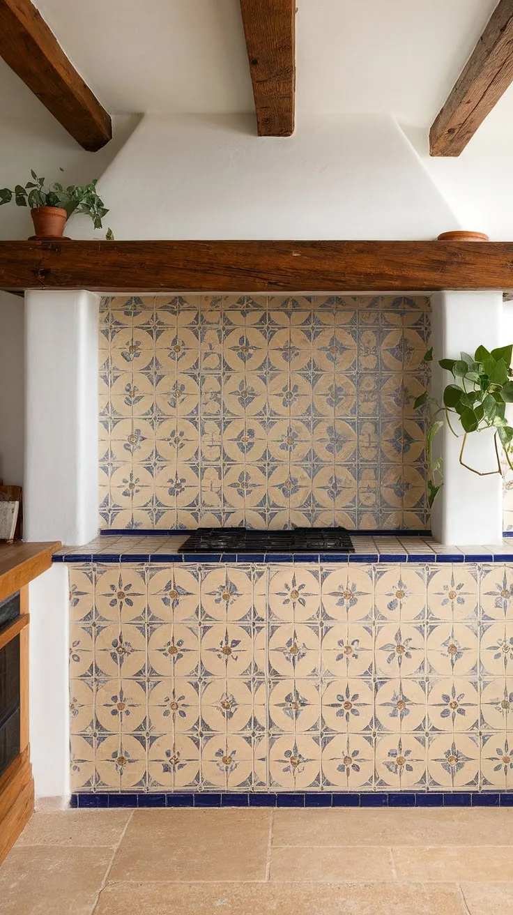 This cottage kitchen's backsplash is the epitome of modern French country style, blending a French provincial aesthetic with a touch of French-inspired charm.  The French country tile kitchen backsplash perfectly complements the overall French country kitchen ideas, creating a space that's both elegant and inviting.