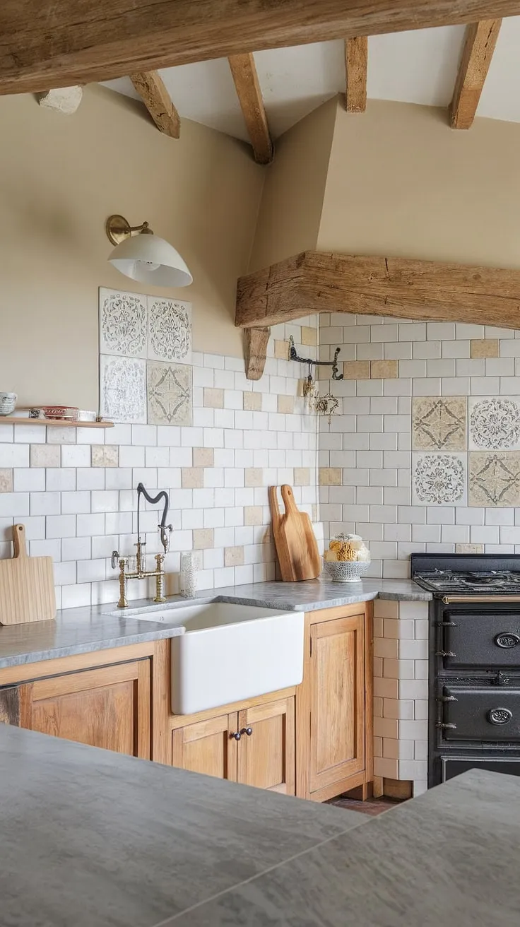 A French inspired backsplash transforms this kitchen.  The blend of French country tile and modern design elements results in a stunning French country kitchen, showcasing the beauty of a French provincial backsplash in a cottage setting.