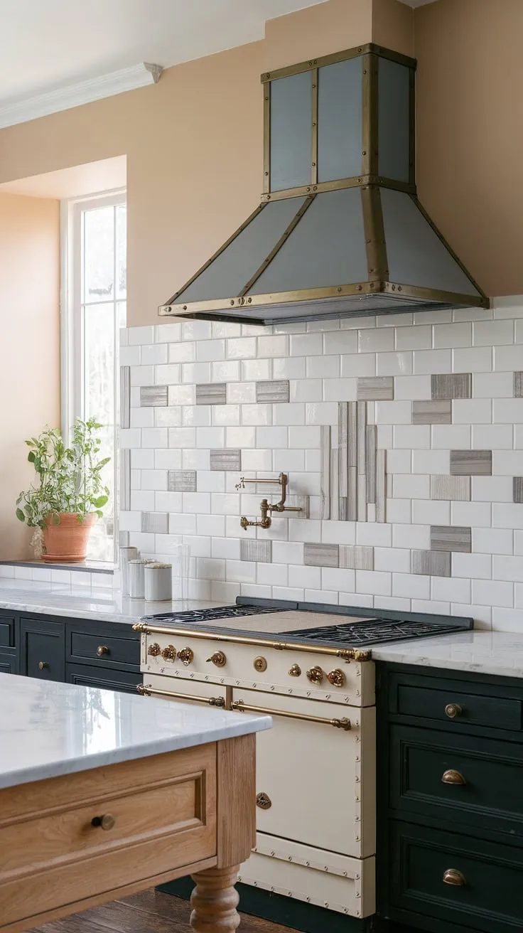 This modern French country kitchen seamlessly blends rustic charm with contemporary style. The cottage kitchen backsplash, a stunning display of white subway tiles accented with grey and beige stripes, perfectly complements the black cabinetry and marble island.  A true testament to French country kitchen ideas, this space embodies the French provincial backsplash aesthetic with its sophisticated yet inviting atmosphere.  The French inspired backsplash elevates the entire design, creating a French country tile kitchen that's both timeless and effortlessly chic.