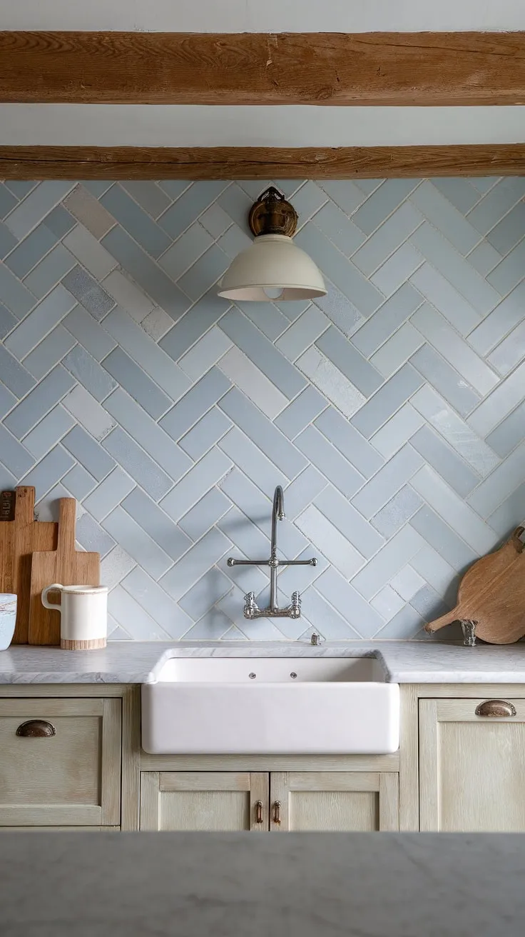 This French country kitchen's captivating French provincial backsplash is a masterclass in design. The modern French country backsplash, crafted from textured light blue and white tiles arranged in a herringbone pattern, elevates the space with a touch of contemporary flair.  It's the perfect blend of rustic charm and modern sophistication, offering endless French country kitchen ideas and showcasing a beautiful French inspired backsplash within a delightful French country aesthetic.