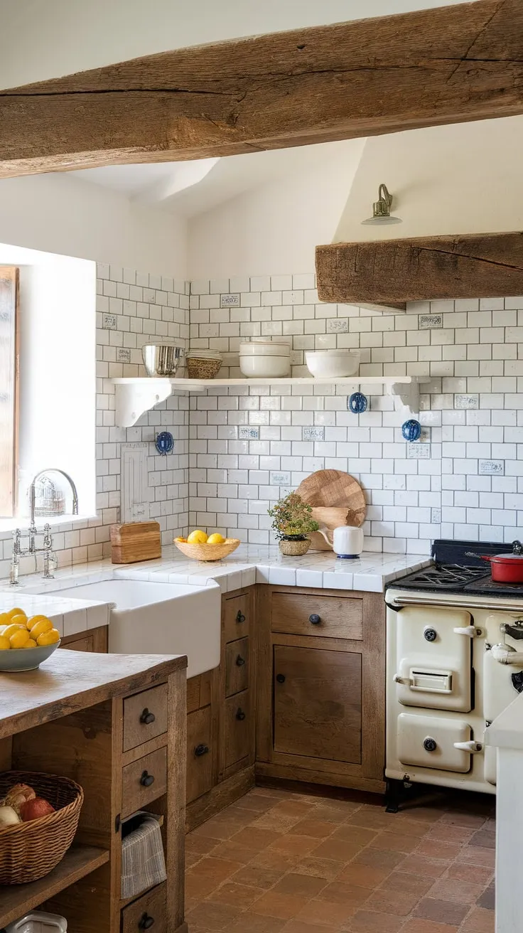 The French country aesthetic shines in this kitchen, thanks to the stunning French provincial backsplash.  This modern French country backsplash is the perfect blend of rustic charm and contemporary elegance, providing inspiration for your own French country kitchen ideas and showcasing the impact of a well-chosen French inspired backsplash.