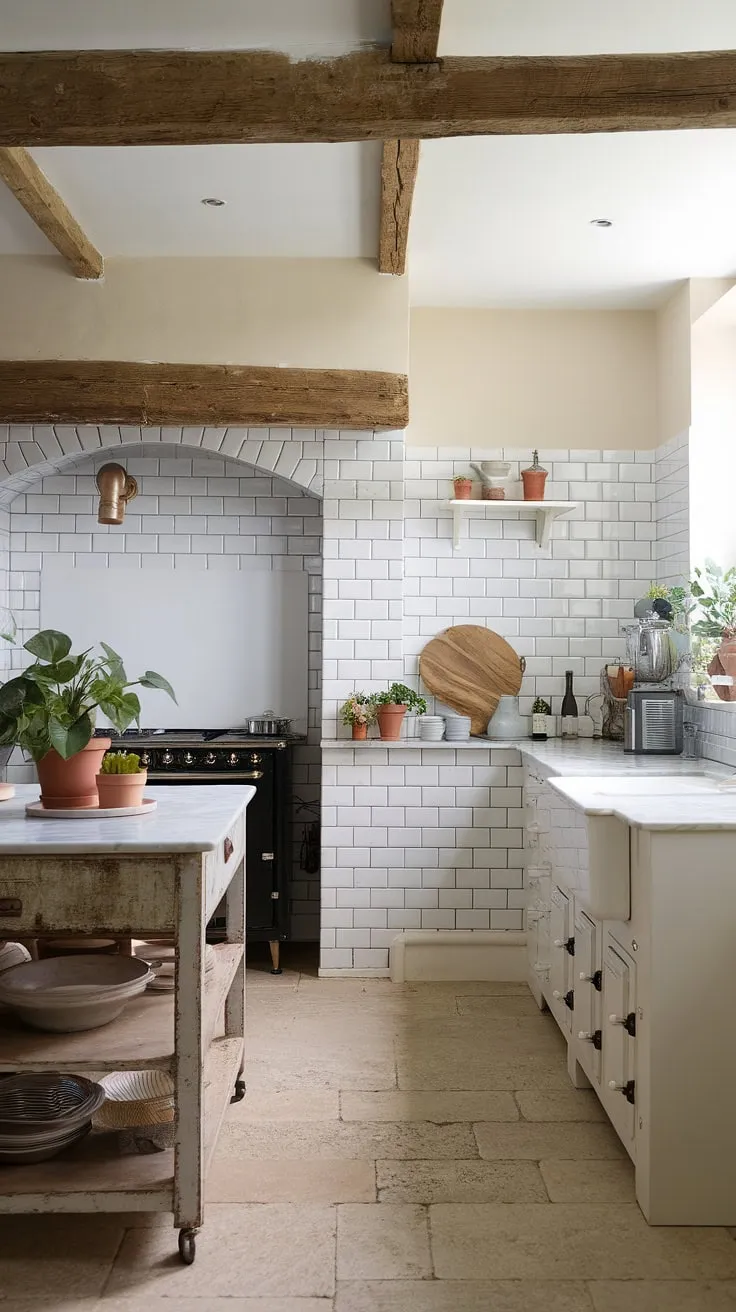 The heart of this home: a cottage kitchen boasting a modern French country backsplash.  The French provincial backsplash tiles, with their subtle elegance, perfectly capture the French inspired backsplash aesthetic.  This is French country kitchen ideas done right, showcasing a beautiful blend of rustic charm and contemporary style in a stunning French country tile kitchen.