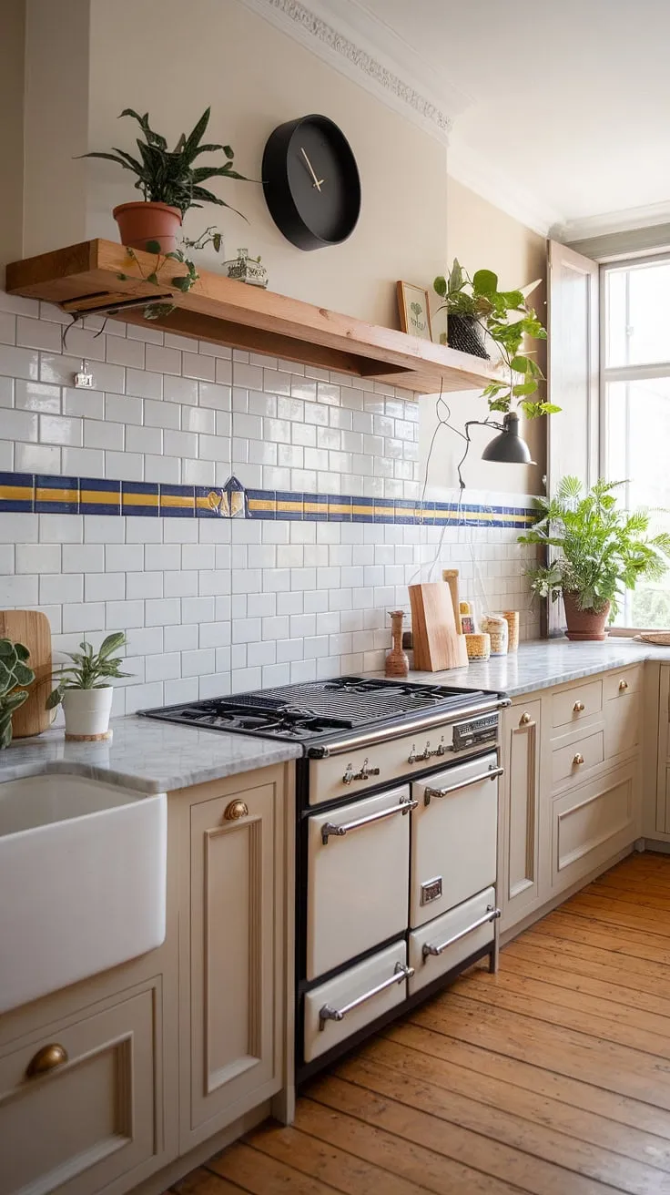 The French country aesthetic shines in this charming kitchen.  A striking modern French country backsplash, featuring a horizontal striped design, elevates the space. This French provincial backsplash, a perfect example of a French inspired backsplash, adds a touch of whimsy and sophistication.  It's a beautiful illustration of French country kitchen ideas, showcasing how a simple cottage kitchen backsplash can transform a room. The overall effect is a warm and inviting French country tile kitchen.