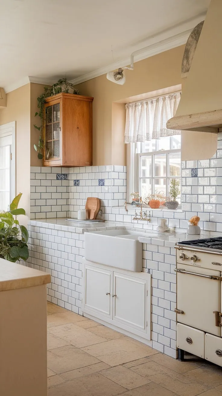 The heart of this home: a cottage kitchen boasting a modern French country backsplash.  The French provincial backsplash, with its subtle elegance, perfectly captures the French inspired backsplash aesthetic.  This is French country kitchen ideas done right, showcasing the beauty of French country tile kitchen design.