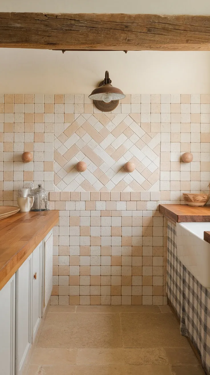 The warm glow of this French country kitchen is enhanced by its exquisite backsplash.  A modern French country backsplash, featuring a mix of square and round tiles in a subtle herringbone pattern, brings a touch of French provincial elegance to this charming space.  This French inspired backsplash is a testament to the enduring appeal of French country kitchen ideas, perfectly capturing the essence of a French country tile kitchen.