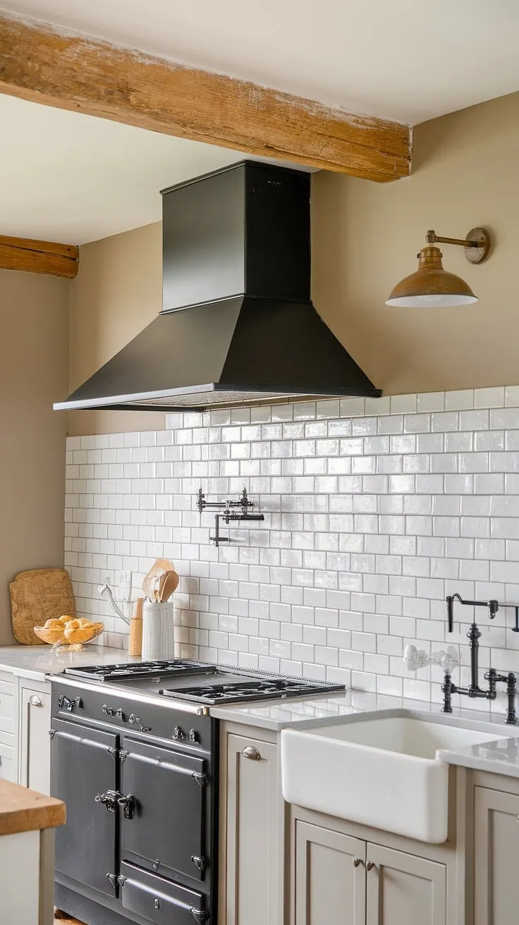 The modern french country backsplash in this kitchen is simply breathtaking.  White subway tiles and grey grout offer a clean, contemporary feel, while the rustic wooden beams and farmhouse sink maintain the charming french country aesthetic. This french inspired backsplash provides the perfect backdrop for this french country tile kitchen, offering endless french country kitchen ideas for those seeking a blend of old-world charm and modern sophistication.
