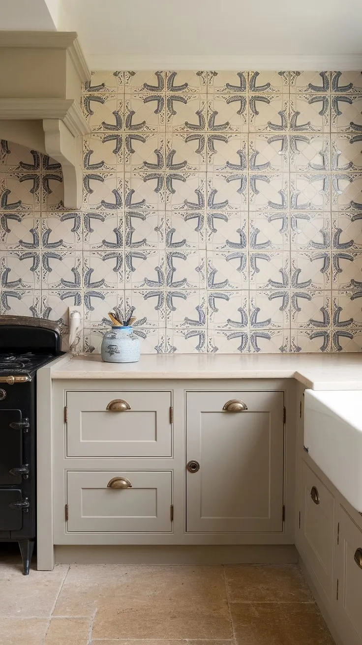 This cottage kitchen's backsplash perfectly embodies a modern French country aesthetic.  The French provincial backsplash tile creates a charming, yet sophisticated feel, offering a fresh take on French country kitchen ideas and showcasing the beauty of French inspired backsplash design.