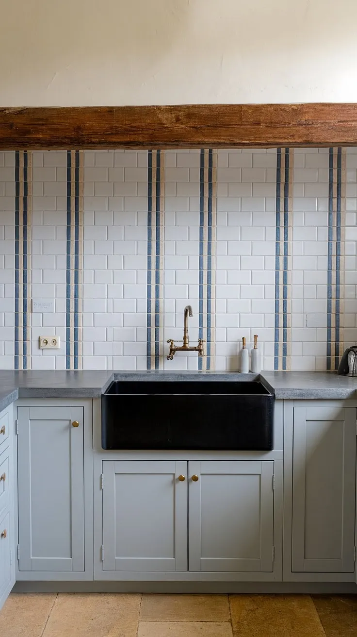 This cottage kitchen's backsplash perfectly embodies a modern French country aesthetic. The French provincial backsplash tiles create a charming, yet sophisticated, focal point, offering a fresh take on French country kitchen ideas and showcasing the beauty of French inspired backsplash design.  French country tile kitchen goals achieved!