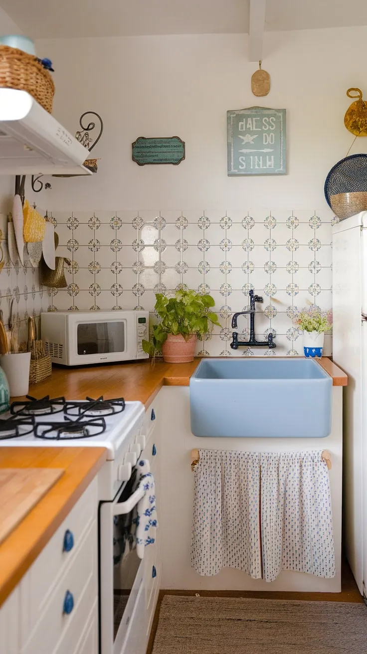 This cottage kitchen's backsplash is the epitome of modern French country style, blending a French provincial aesthetic with sleek, contemporary lines.  The French inspired backsplash and French country tile kitchen create a space that's both charming and sophisticated, offering endless French country kitchen ideas.