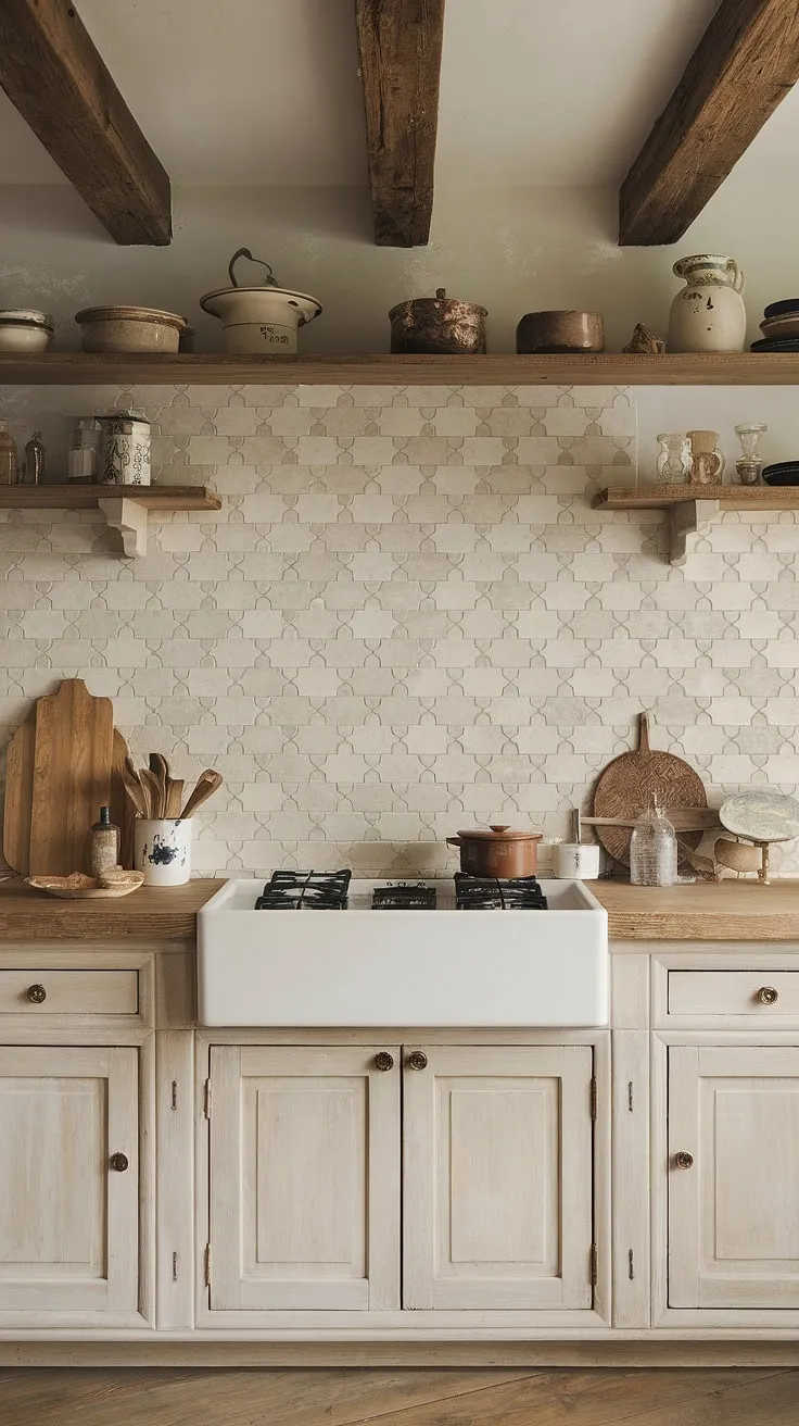 The heart of this home: a cottage kitchen boasting a modern French country backsplash.  The French provincial backsplash, with its subtle elegance, perfectly embodies the French inspired backsplash style and adds a touch of timeless charm to these French country kitchen ideas.  The French country aesthetic shines through in every detail, from the tile to the overall design.  A truly delightful example of French country tile kitchen inspiration.