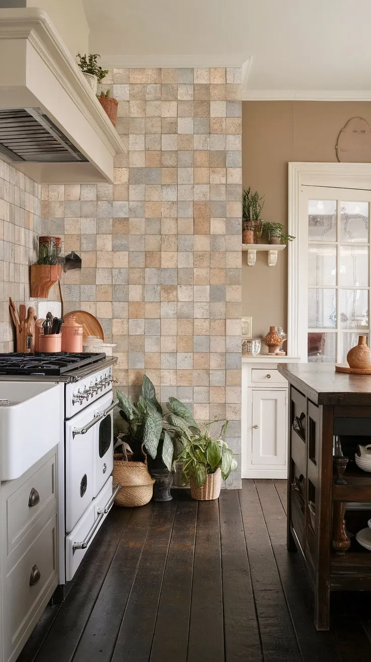 This cottage kitchen's backsplash is the epitome of modern French country.  The French provincial-inspired tile work creates a charming, yet sophisticated, French country aesthetic, offering a wealth of French country kitchen ideas for anyone seeking that effortlessly chic French inspired backsplash.