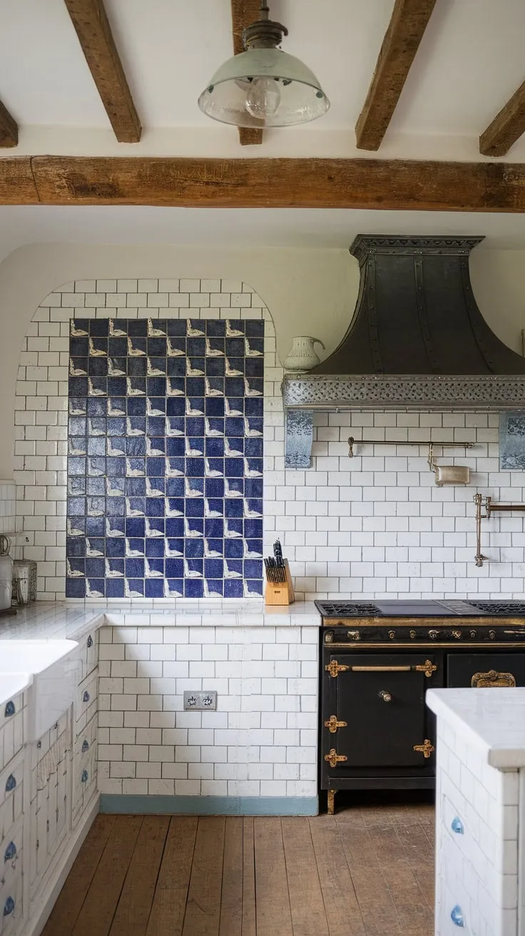 A French inspired backsplash transforms this charming cottage kitchen. The modern French country backsplash, featuring white subway tiles punctuated by delightful blue details and a statement bird tile, is the perfect marriage of old-world charm and contemporary design. This kitchen offers abundant French country kitchen ideas, proving that a French country aesthetic can be both timeless and utterly chic.