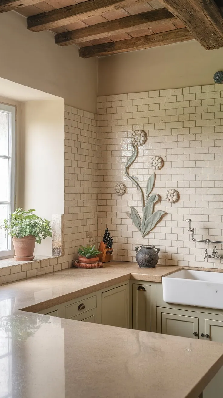 French country tile kitchen dreams are made of this! The stunning modern French country backsplash adds a touch of French provincial charm to this cozy cottage kitchen.  This French inspired backsplash is the perfect blend of rustic and refined, showcasing the best of French country kitchen ideas.