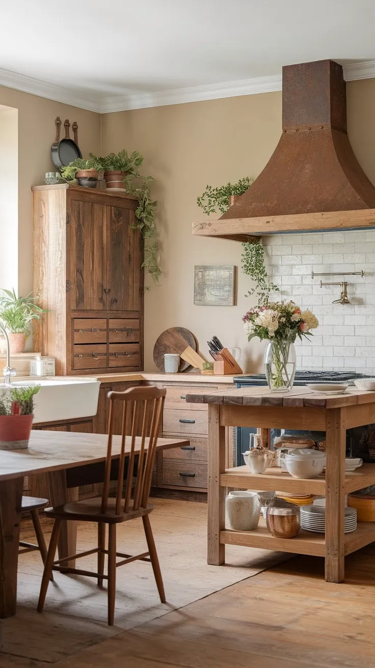 Earthy tones and wooden features create a warm, inviting cottage farmhouse kitchen