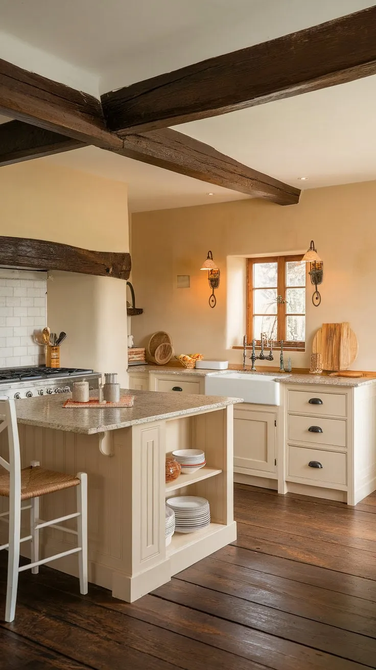 A charming cottage kitchen features a beige color scheme, granite accents, and dark wood flooring, creating a cozy ambiance.