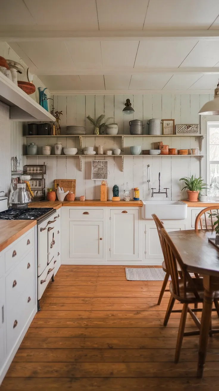 White cabinets and a vintage stove create a charming and inviting cottage kitchen atmosphere.