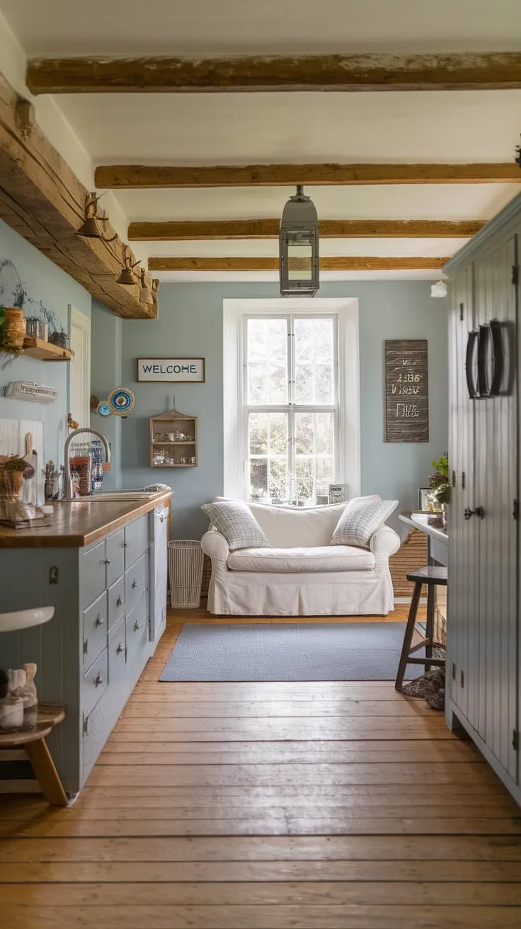 A charming cottage kitchen, complete with wooden beams, a welcoming sign, and a comfy white sofa, exudes farmhouse appeal