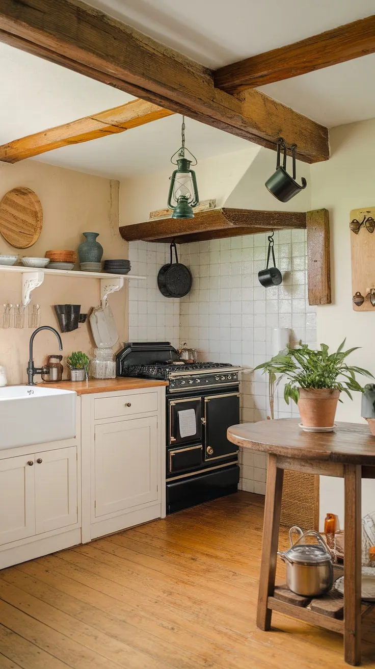 A charming cottage kitchen, featuring wooden beams, white cabinets, and a black stove, exudes warmth and country appeal