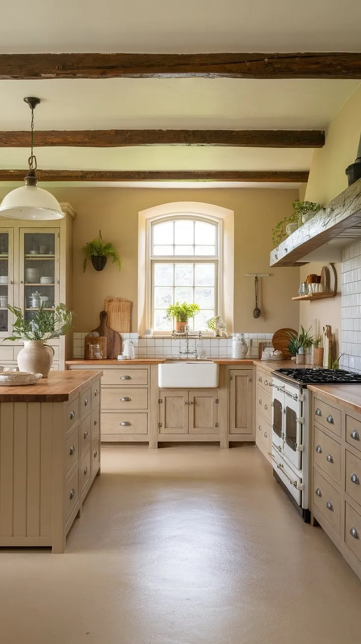Earthy beige tones and exposed wooden beams create a warm, inviting cottage kitchen.