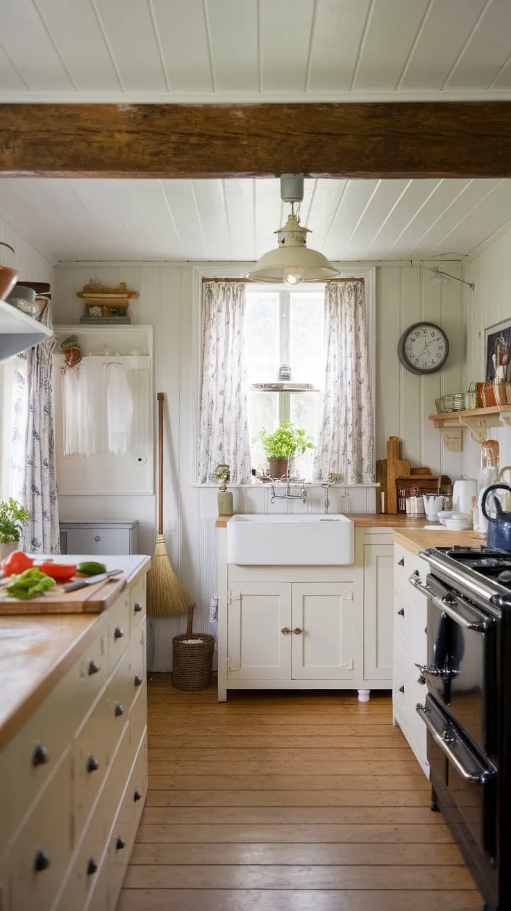 Warmth and practicality blend in this cottage kitchen, featuring a vintage aesthetic and functional design elements.