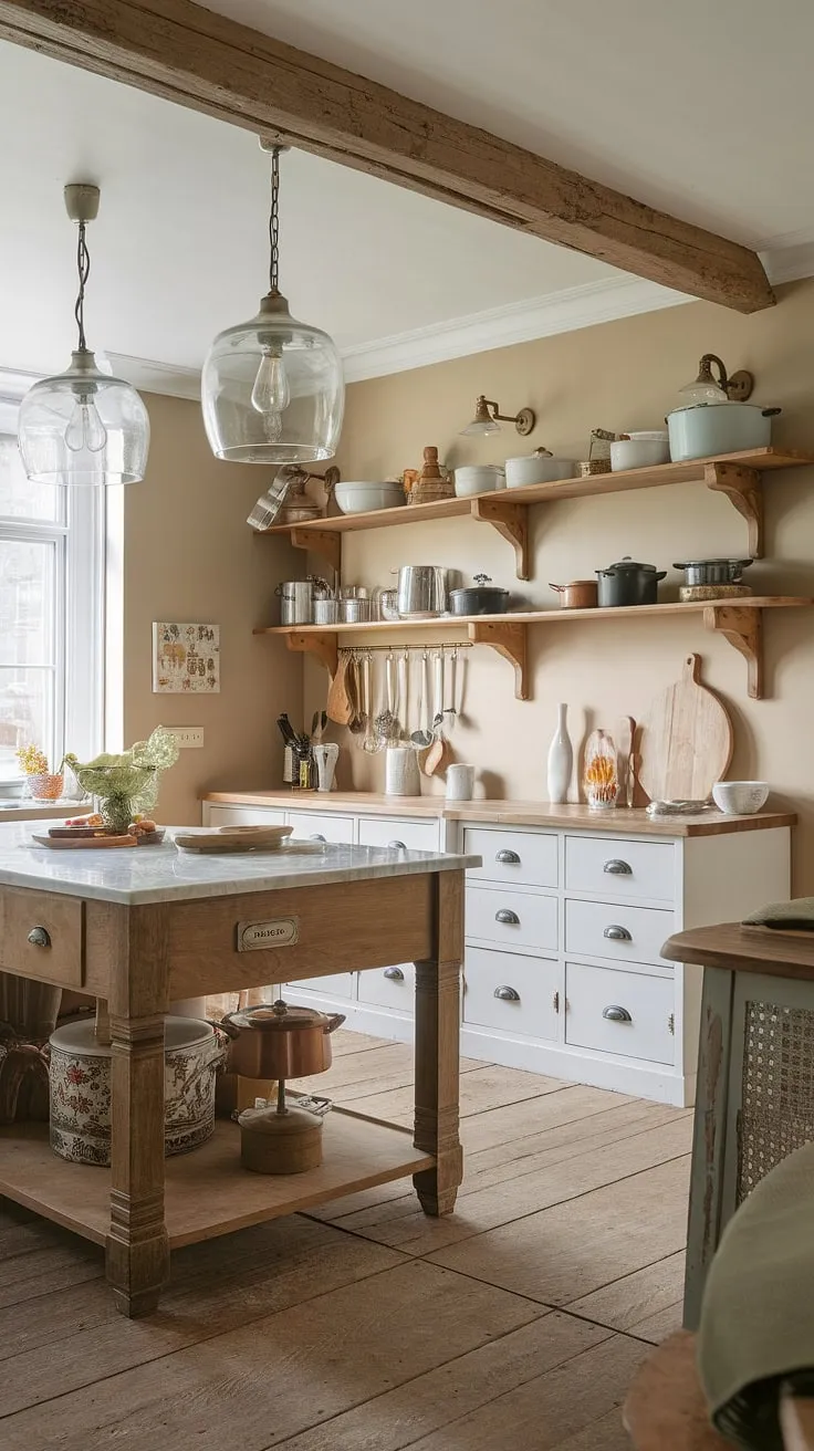 Warm beige walls and a wooden island topped with marble create a charming farmhouse kitchen aesthetic