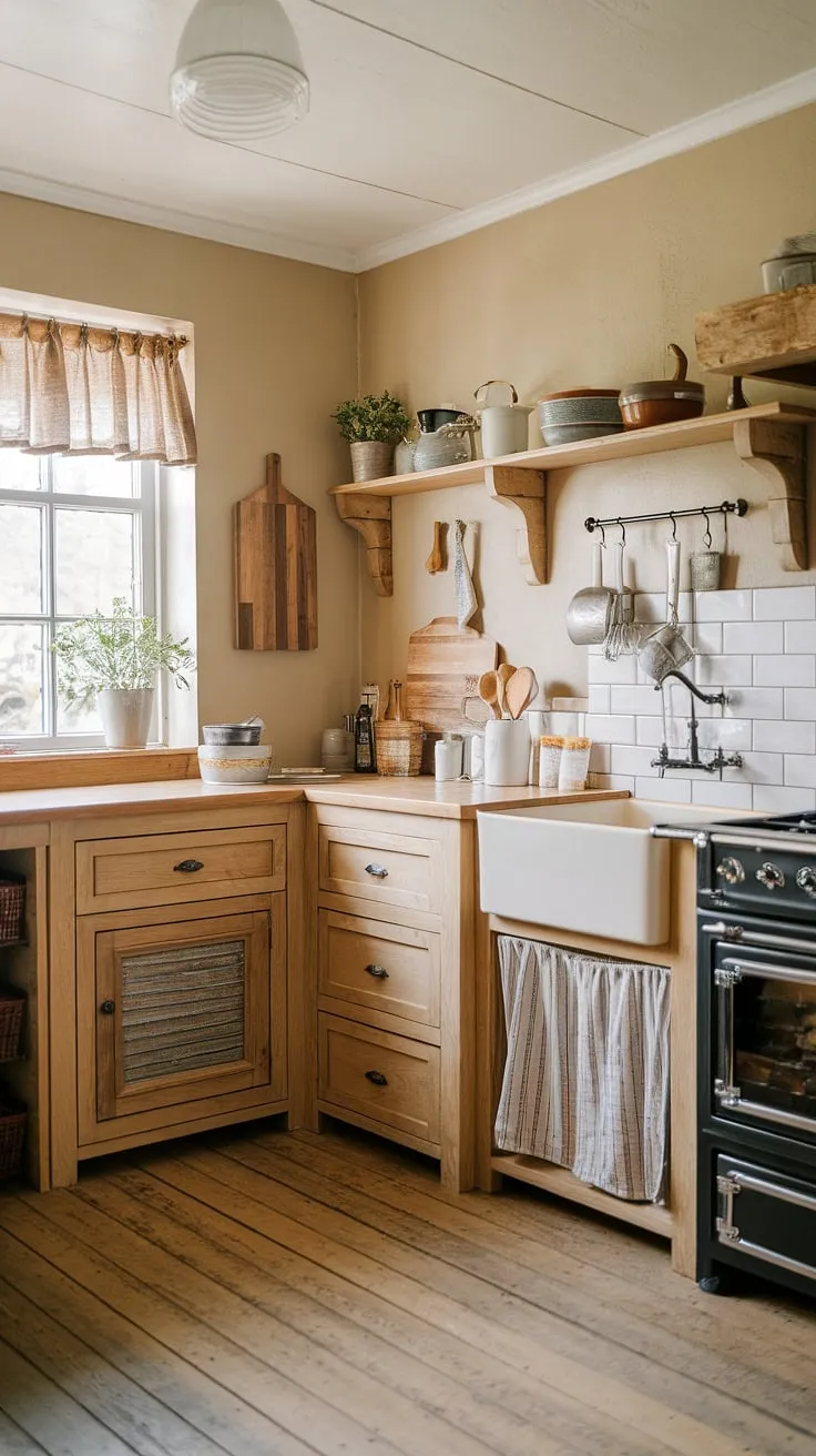 Earthy tones and simple wooden features create a charming cottage kitchen aesthetic