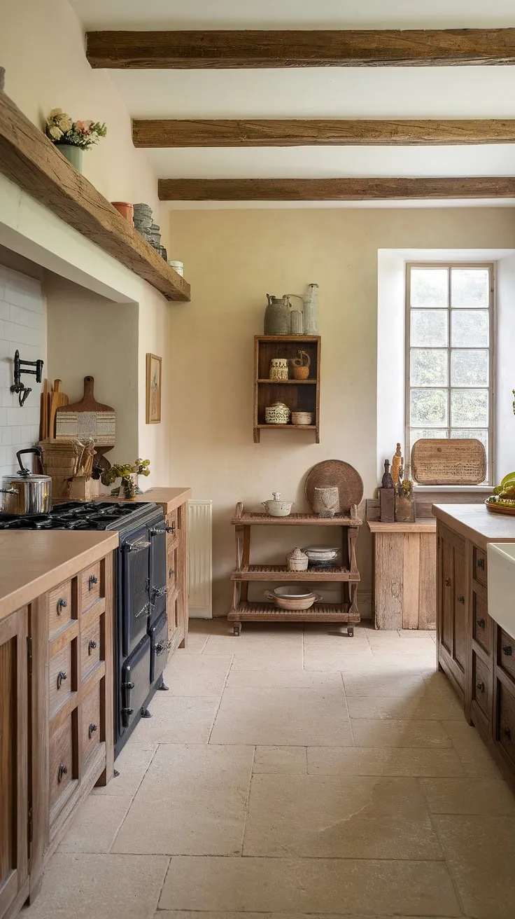 A vintage stove and wooden accents create a warm, country-style kitchen atmosphere