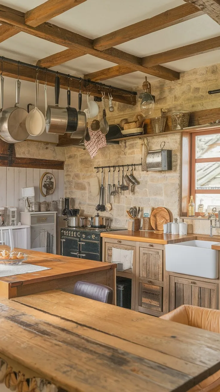 Cozy farmhouse charm fills this cottage kitchen, complete with wooden beams and stone walls
