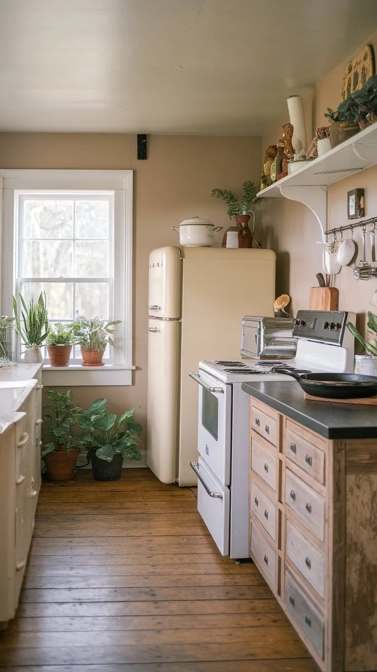 Rustic charm fills a cottage kitchen with beige walls, wooden floors, and vintage cookware on black countertops.