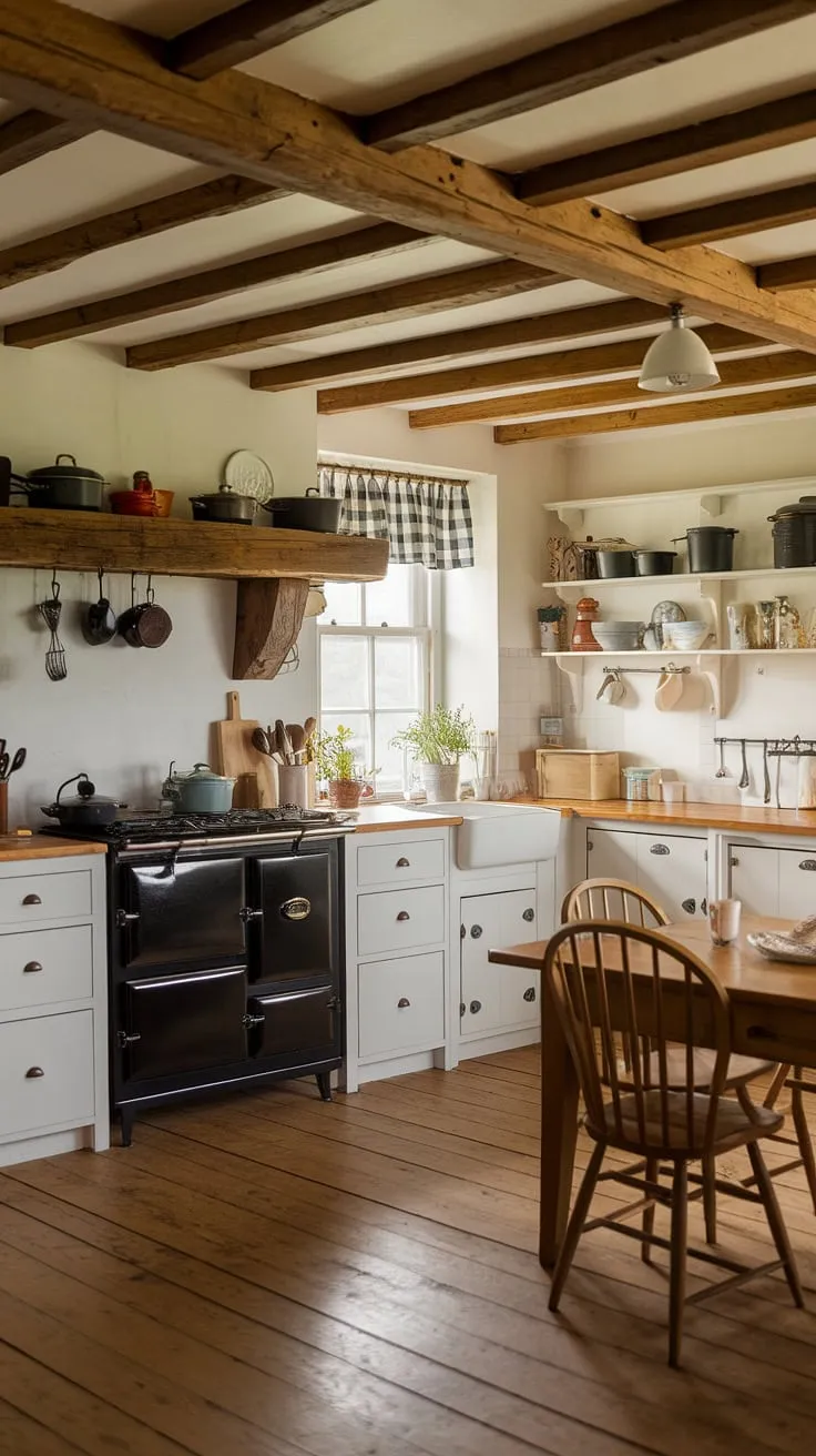 Rustic charm fills a cottage kitchen featuring wooden beams, white cabinets, and a black range cooker, creating a cozy farmhouse atmosphere.